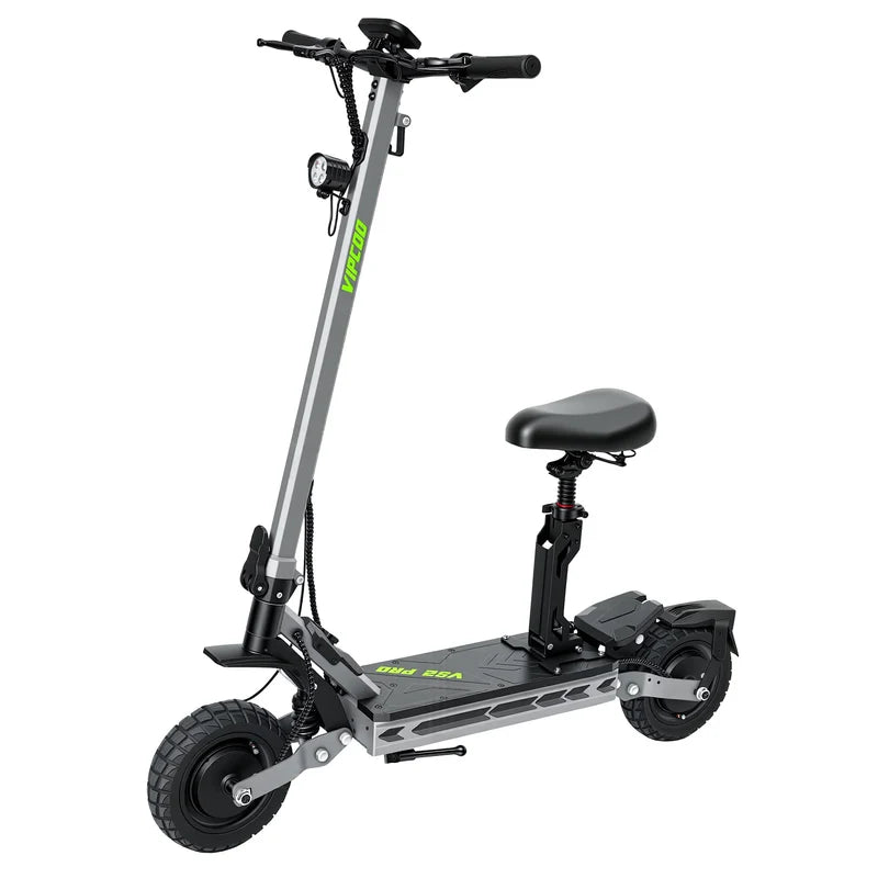 A silver and black VIPCOO VS2 Pro Dual Motor Electric Scooter with a black saddle, black tires, and bright green 'Velo' branding on the frame, shown against a plain white background.