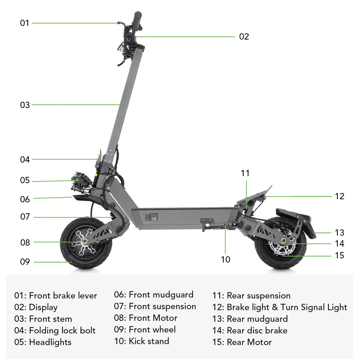 Diagram of an VIPCOO-VS9 Dual Motors Electric Scooter with labeled parts on a white background
