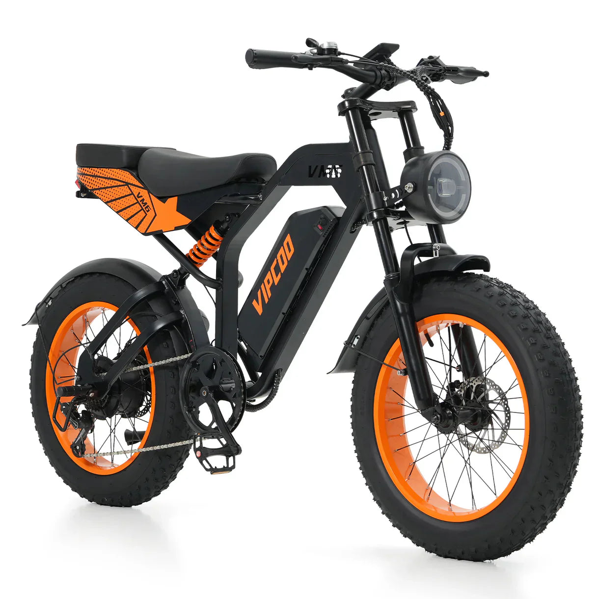 Black and orange VIPCOO VM6 Electric City Bike with visible branding on a white background