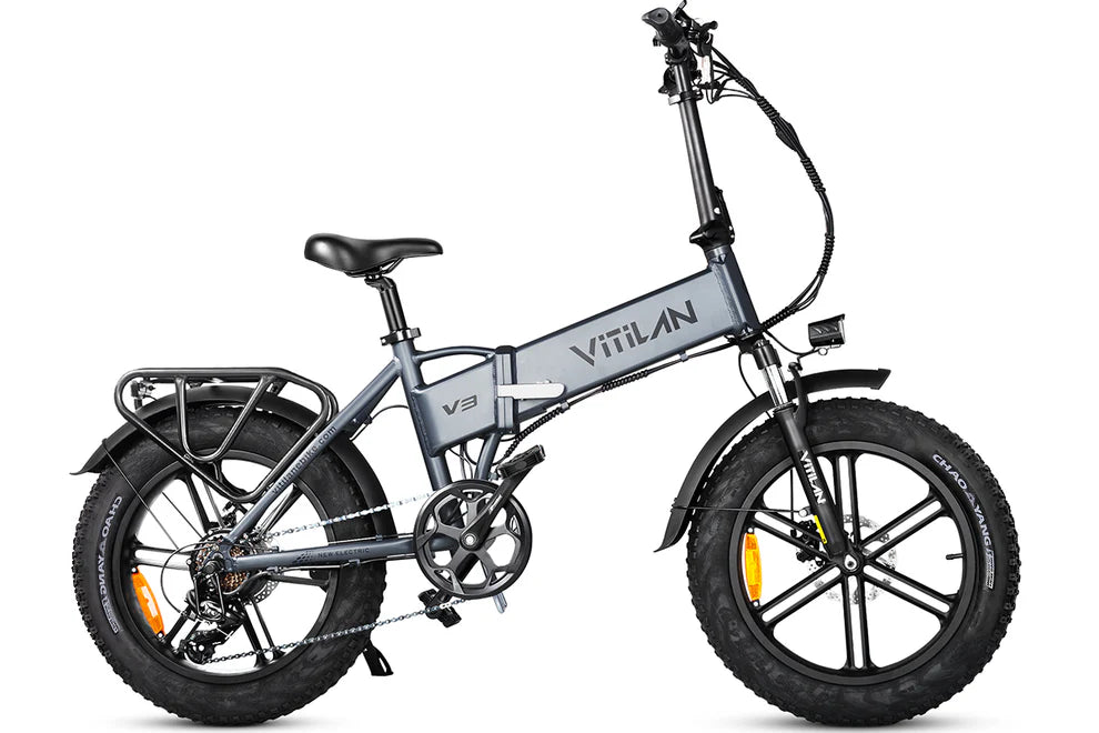 Vitilan V3 2.0 electric bike in grey, side view showing fat tires and folding frame