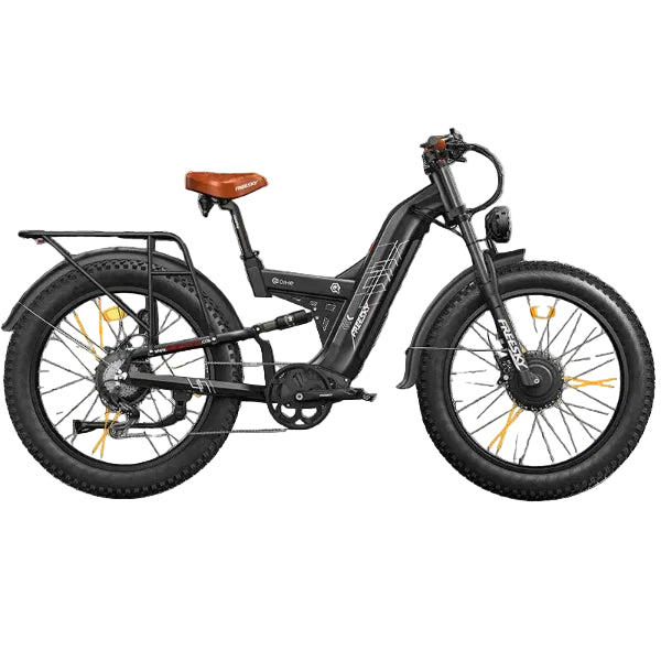 A black Warrior Pro M-530 electric fat-tire bicycle with a brown saddle, black rear rack, and orange accents on the wheels and frame, shown from a side profile on a white background.