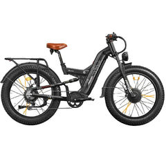A black Warrior Pro M-530 electric fat-tire bicycle with a brown saddle, black rear rack, and orange accents on the wheels and frame, shown from a side profile on a white background.