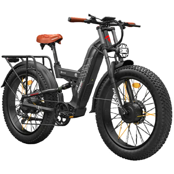 A Warrior Pro M-530 black electric fat tire bike with a brown saddle, brown handlebar grips, and orange accents on the wheel spokes and frame, shown on a solid white background.