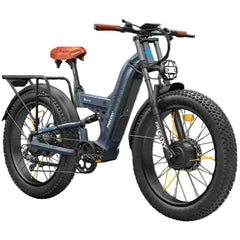 A Warrior Pro M-530 fat-tire electric bicycle with a dark blue-gray frame, black components, orange-brown handlebar grips and saddle, and yellow accents on the spokes, shown on a plain white background.