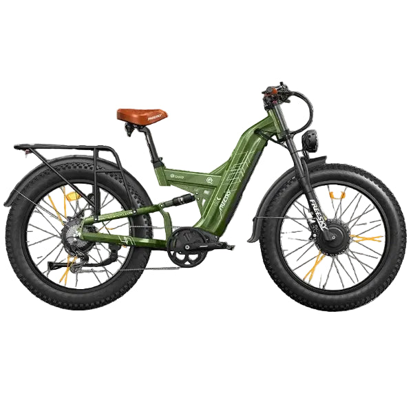 An Warrior Pro M-530 electric fat tire bike in olive green with a brown saddle, black fenders, and orange accents on the wheels, shown from a side profile on a white background.