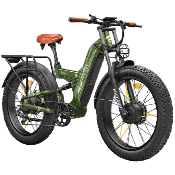 An Warrior Pro M-530 electric fat tire bicycle with an olive green frame, black components, orange saddle and handlebar grips, and a rear cargo rack, shown on a white background.