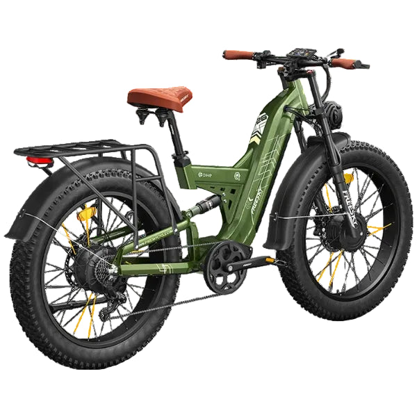 An Warrior Pro M-530 electric fat tire bike in olive green with a brown saddle, black fenders, and orange handlebar grips, shown on a white background.