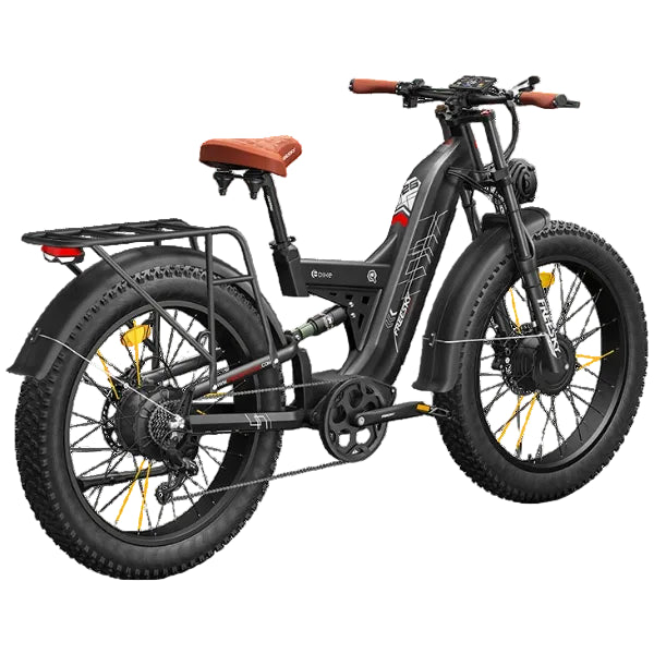 A black Warrior Pro M-530 electric fat-tire bicycle with a brown saddle, brown handlebar grips, and orange accents on the wheel spokes, shown on a white background.