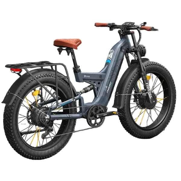 A gray Warrior Pro M-530 electric fat tire bike with a brown saddle, brown handlebar grips, and a rear cargo rack, shown on a white background with a soft shadow.