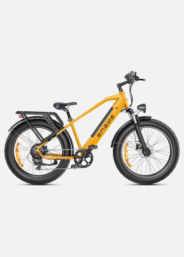 Engwe E26 electric mountain bike in yellow, side view on a light background