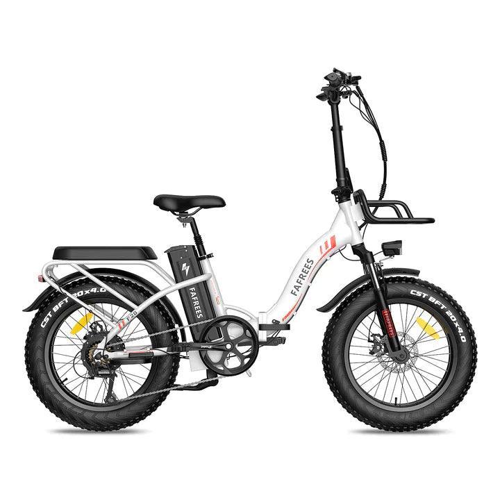 Fafrees F20 Max electric bike in white, side view with fat tires and rear rack