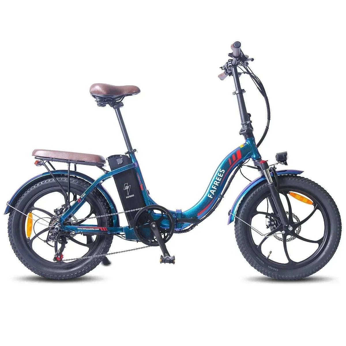 FAFREES F20 Pro electric bike blue side view with battery and brown saddle