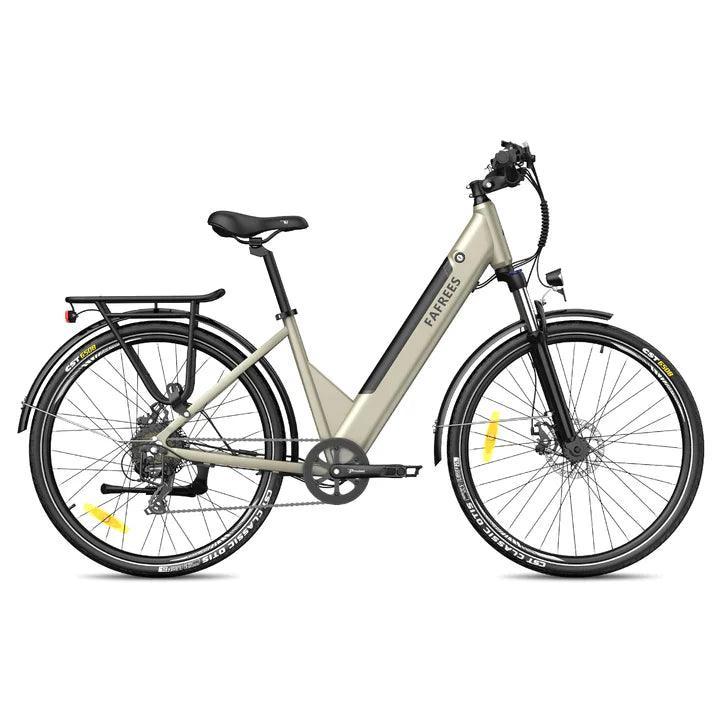 FAFREES F28 Pro electric bike in beige, side view with step-through frame and rear rack