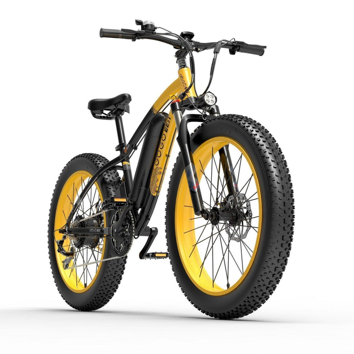 GOGOBEST GF600 electric bike in black and yellow, side front view, fat tires