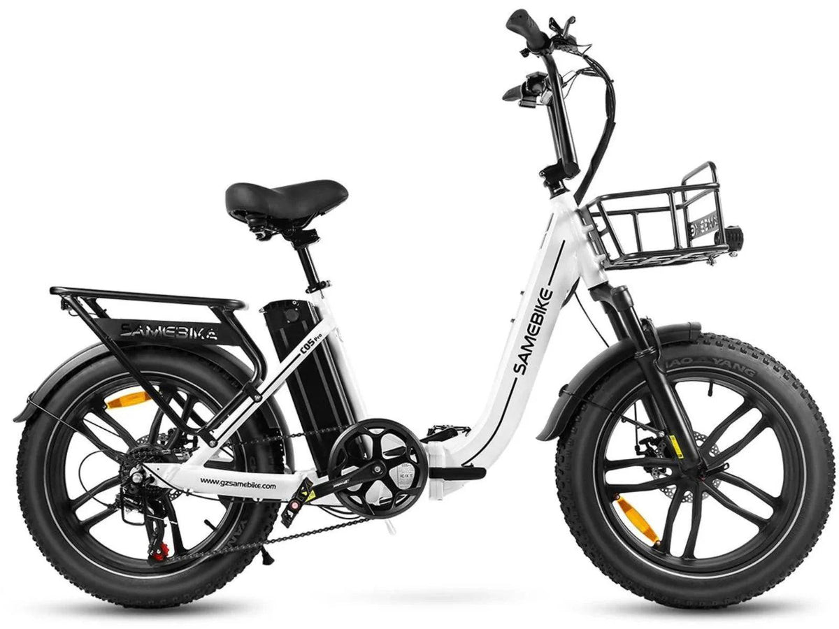 SAMEBIKE C05 Pro electric bike in white, side view with rear rack and front basket